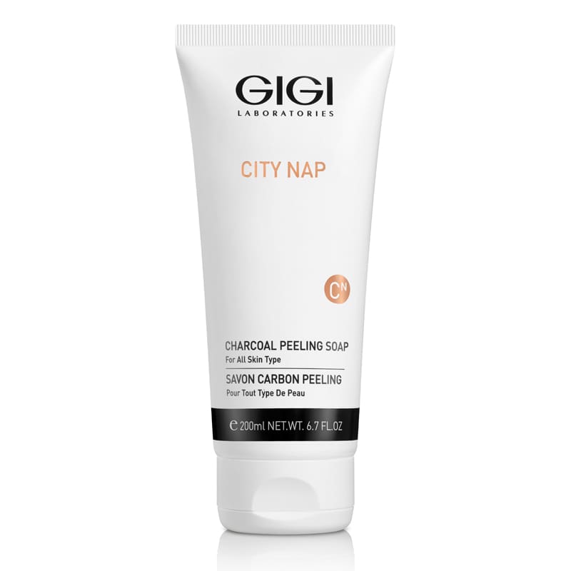GIGI City NAP Charcoal Peeling Soap, charcoal peeling soap, GIGI peeling soap for face, charcoal face scrub soap, pore cleansing soap, GIGI professional cleanser, soap for oily skin, exfoliating charcoal soap, blackhead removal soap, deep cleansing facial soap