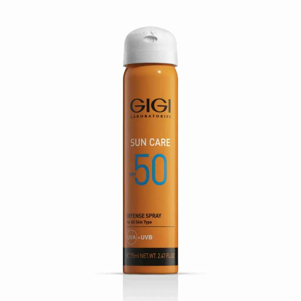 GIGI Sun Care Defense Spray SPF50, sunscreen spray for face and body, SPF 50 UVA/UVB spray, moisturizing skin protection spray, lightweight sun spray, professional GIGI cosmetics SPF 50, anti-photoaging spray, spray for all skin types, vitamin E sun protection spray, UV defense spray, daily SPF 50 skincare