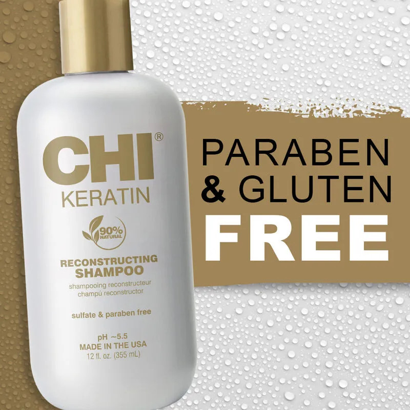 The CHI Keratin Shampoo gently cleanses and reconstructs damaged hair by replenishing natural keratin