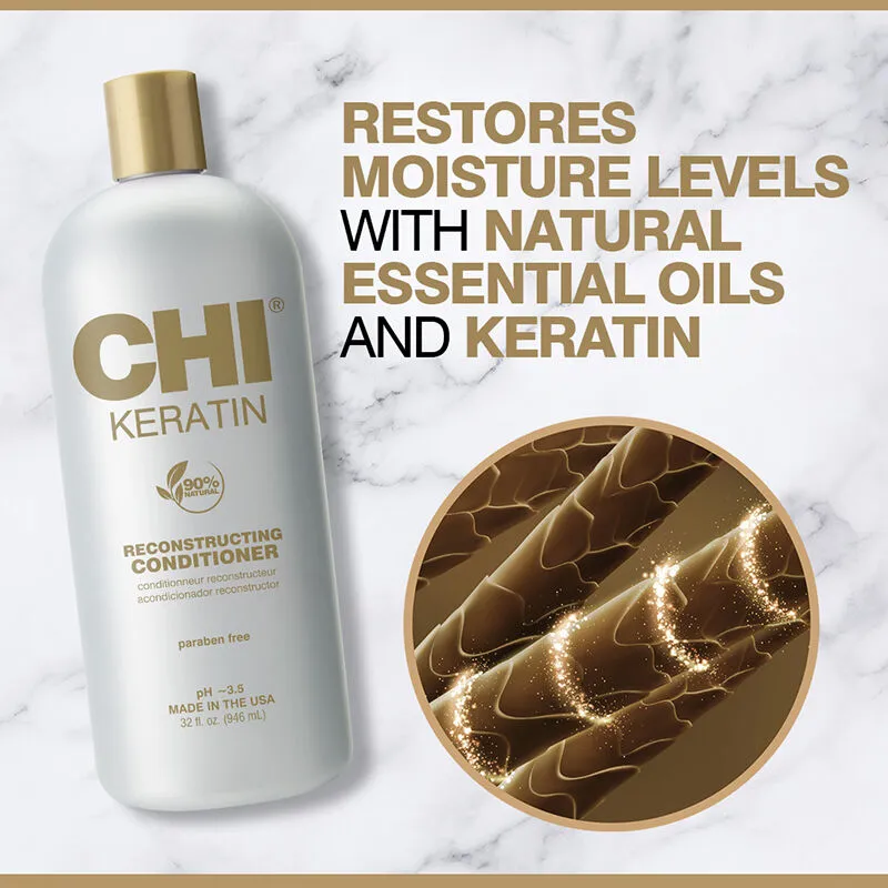The CHI Keratin Reconstructing Conditioner restores moisture levels in the hair with natural essential oils and keratin,
