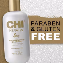 The CHI Keratin Shampoo gently cleanses and reconstructs damaged hair by replenishing natural keratin