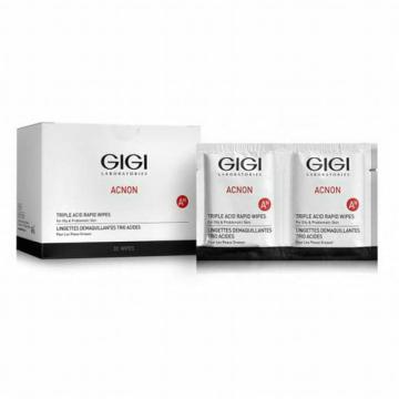 GIGI ACNON Triple Acid Rapid Wipes, puhastussalvrätid probleemsele nahale, happekoorimise salvrätid, aknevastased salvrätid, vistrikevastased GIGI salvrätid, kiirhooldus rasusele nahale, AHA/BHA hapetega salvrätid, professionaalsed GIGI salvrätid, poore puhastavad salvrätid, vistrike ja põletiku vastased salvrätid
