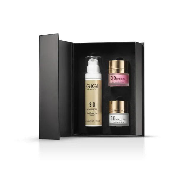 GIGI 3D Hyalu Fill Triple Set, hyaluronic acid skincare set, anti-aging set GIGI, moisturizing facial kit, professional GIGI skincare set, intensive skin hydration, wrinkle reduction set, hyaluronic face care, cosmetic set GIGI, skin firming products